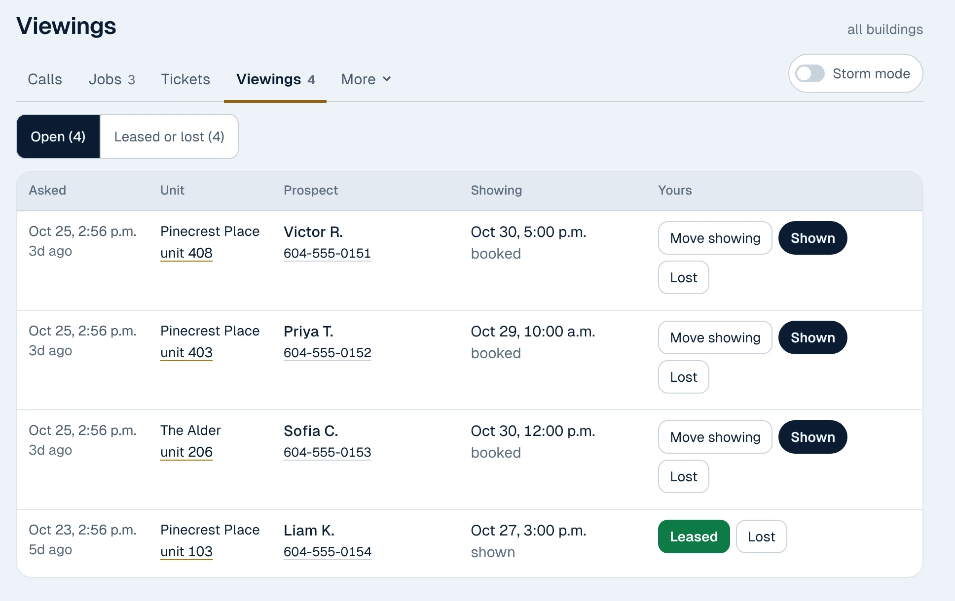 Viewings in the Switchboard: each prospect, the unit, the showing time, and whether it was shown or leased